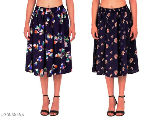 Navy blue polyester mid-calf skirt with multi floral print for women