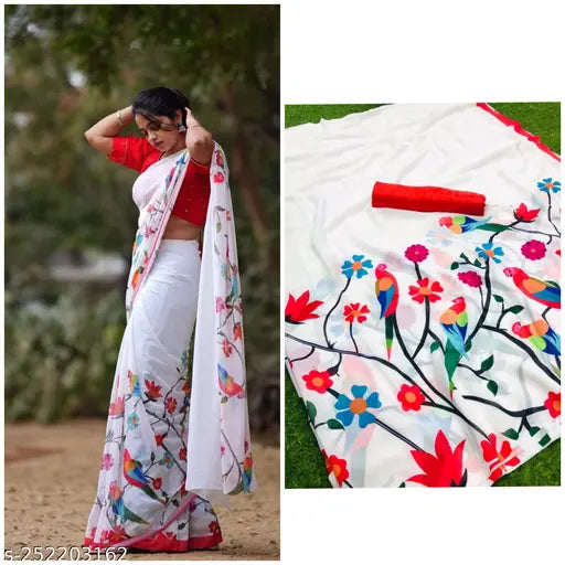 Trendy, Graceful Saree with Floral Design and Red Border