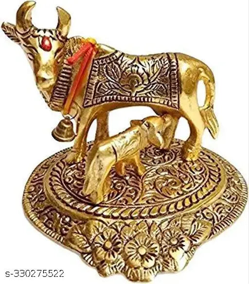 Brass golden Kamdhenu cow & calf sculpture, spiritual Vastu figurine, Indian religious symbol of love and prosperity
