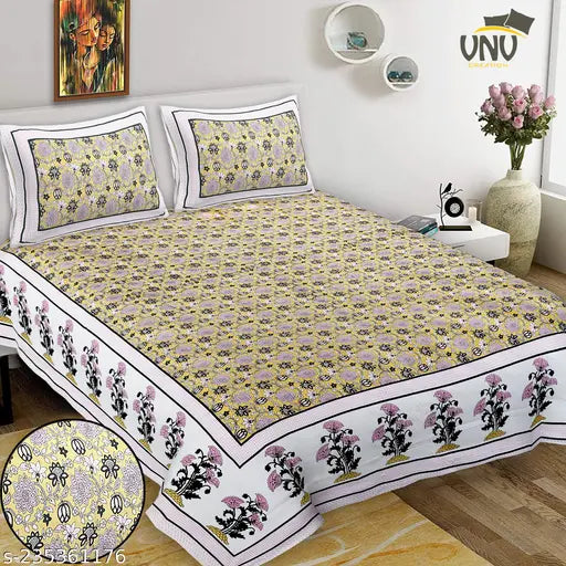 100 Cotton Bed Sheet - Floral Print, Yellow, with 2 Zipper Pillow Covers