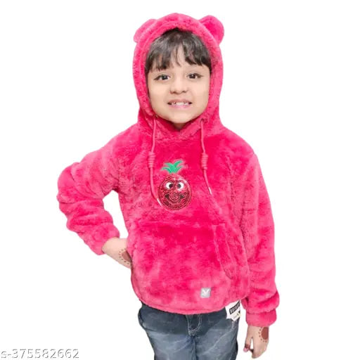 Faux fur hoodie, polyester self-design winter wear for girls aged 12-13 years, featuring front pockets and full sleeves