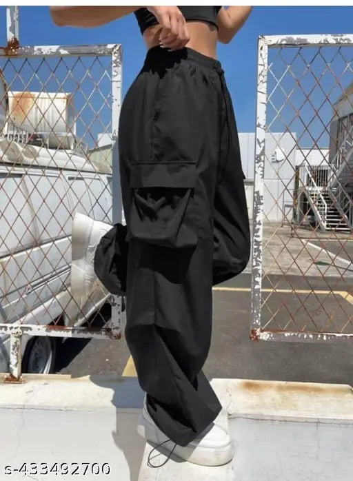 Wide leg black cargo joggers women's fashion