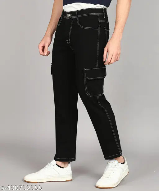 Men's black denim cargo pants by Oftenlook, featuring 6 pockets for style and utility. Solid color with deep, rich hue. Regular fit and durable design. Ideal for modern wardrobe. Size options: 28 (Waist 28in, Length 40in, Hip 32in), 30 (Waist 30in, Length 40in, Hip 34in), 32 (Waist 32in, Length 40in, Hip 36in), 34 (Waist 34in, Length 40in, Hip 38in), 36 (Waist 36in, Length 40in, Hip 40in). Origin: India