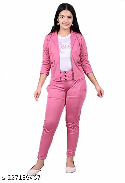 Pink cotton blend casual top and bottom set for kids