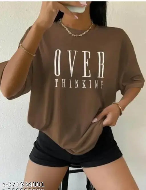 Brown t-shirt with oversized fit, print reading 'OVER THINKING