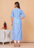 Blue and white patterned women's cotton kurta with long sleeves
