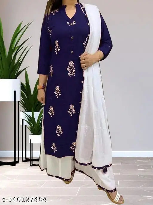 Rayon printed net kurti palazzo set for woman, three-quarter sleeves and dupatta included, India origin
