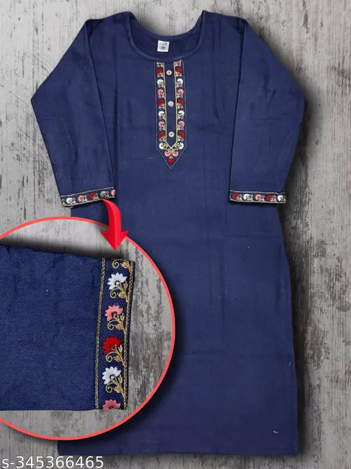 Dark blue embroidered woolen kameez for girls with three-quarter sleeves, round neck