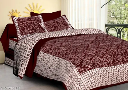 Cotton double bedsheet with 2 ethnic motif pillow covers, ideal for summer adult use on a queen-sized bed