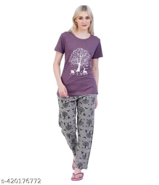 Cotton printed nightsuit set - pack 1, comfortable women's sleepwear in fashionable design, Indian brand