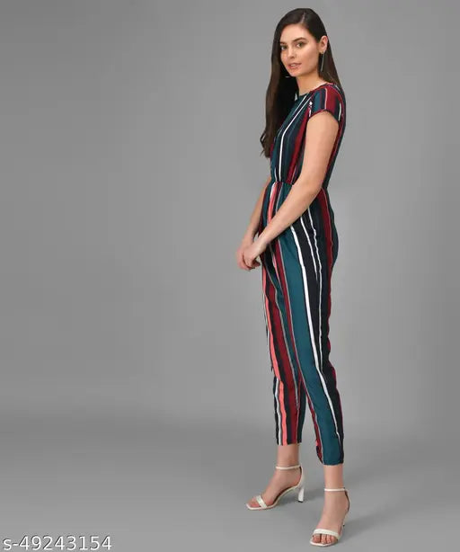 Green striped crepe jumpsuit for women, casual, trendy, printed net, short sleeves, XL size
