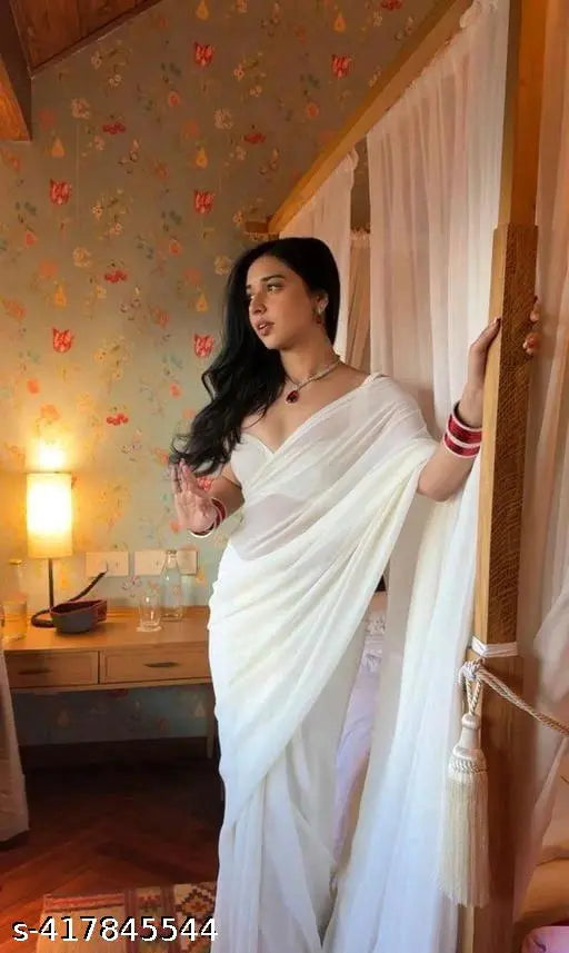 White silk dream sari, traditional South Asian bridal attire, long pallu