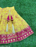 Kids cotton silk lehenga choli upto 10 years, floral embroidered net dupatta on display, sleeveless style for Indian fashion
