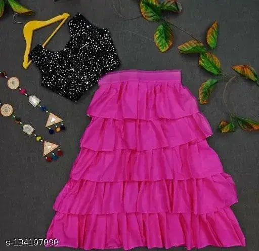 Velvet and net ruffle embellished kid's lehenga with sequins (12-13 years), Indian traditional wear with flair up to 33 inches