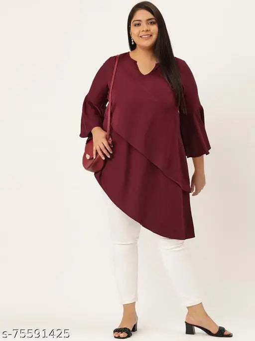 Burgundy poly crepe plus size longline layered top, v-slit detail, three-quarter sleeves, India origin
