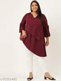 Burgundy poly crepe plus size longline layered top, v-slit detail, three-quarter sleeves, India origin
