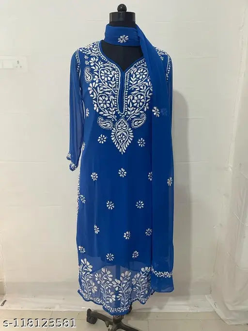 Georgette Chikan long blue kurta with white embroidery