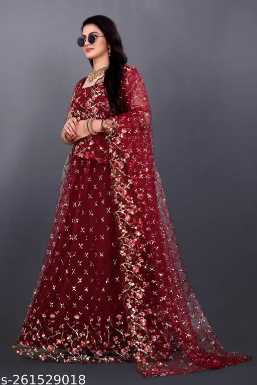 Stylish designer net lehenga with 5mm fancy sequin work, embellished choli and dupatta for Indian parties or weddings (Unstitched), India origin