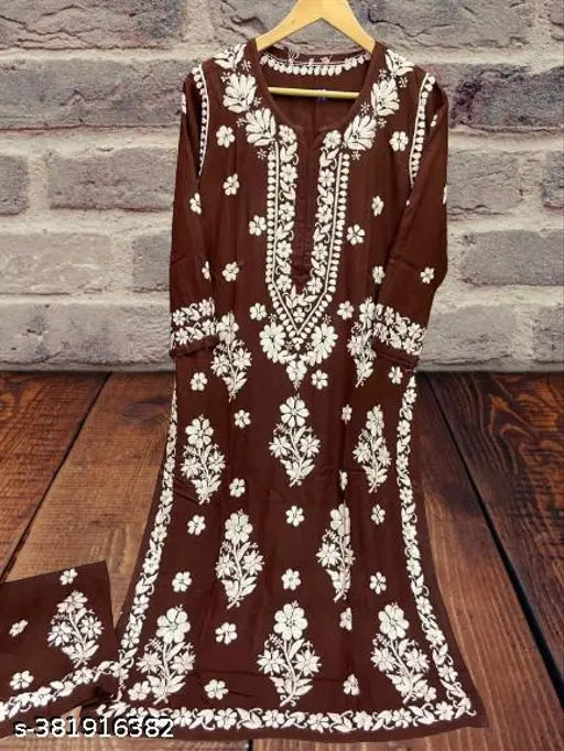 Rayon Chikankari embroidered kurta and palazzo set, three-quarter sleeves, India-made rayon fabric