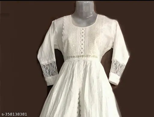 Whit long frock with embroidery, cotton blend striped three-quarter sleeve dress for women, single sizes from XS to XXL, high-quality stitching and comfortable fit. Made in India