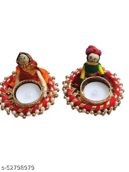 Colorful decorative tea light candle holder with puppets, two candles included for Diwali