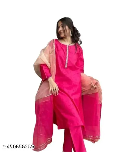Pink kurta, salwar pants and dupatta. Traditional outfit for women