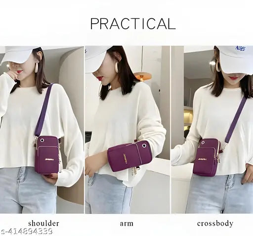 Imported Korean designer waterproof polyester crossbody bag. Solid color, three compartments, fits phones up to 6.5 inches. Ideal for women & girls, suitable for sports, travel, or everyday use