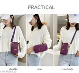 Crossbody bag with a long strap, suitable for carrying a cell phone or wallet, in various colors. This is a multi-functional pouch bag designed for active lifestyles and travel, featuring a zip closure and a portable wrist strap