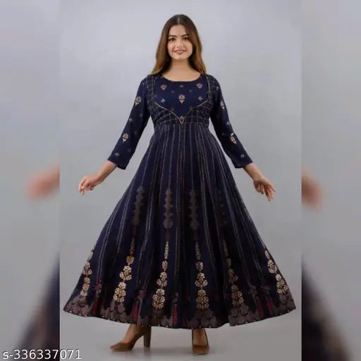 Rayon Anarkali kurti gown, gold buti print, three-quarter sleeves, Indian fashion trend