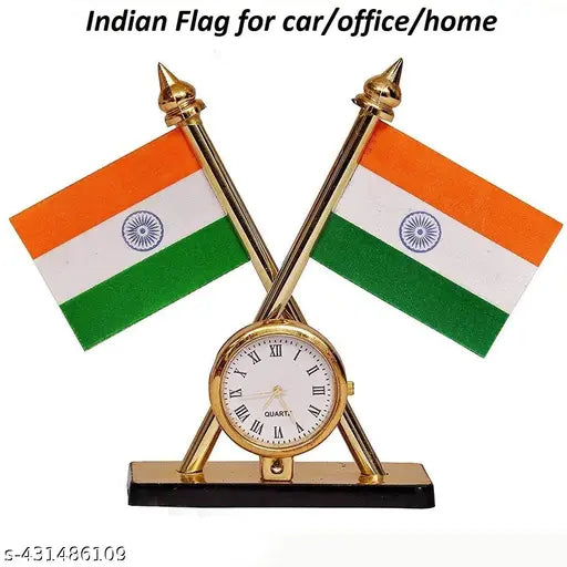 Indian Flag with Quartz Watch for Car & Office - Quartz watch showcased on national flag art piece