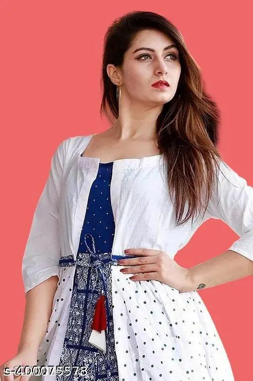 Royal Blue Printed Anarkali Kurti with White Jacket, rayon fabric, three-quarter sleeves