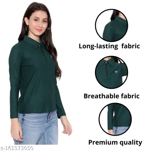 Women's/Girls DIAZ Solid Zip T-Shirts, 2-pack in Slimfit Full Sleeves, Polyester Fabric