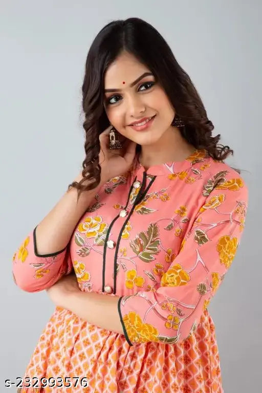 Indian women's fashion anarkali kurta peach chiffon floral pattern sleeveless blouse button front closure