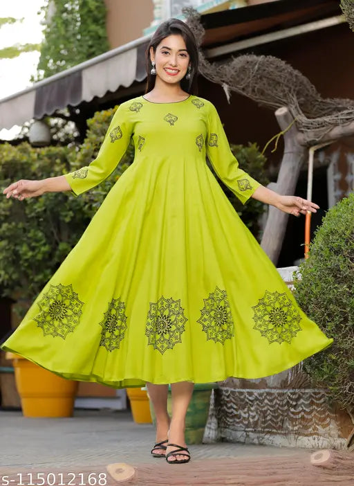 Rayon embroidered long-sleeve kurti for women, printed combo, three-quarter sleeves. Size options: S to XXXL. India-made designer wear for casual or festive occasions