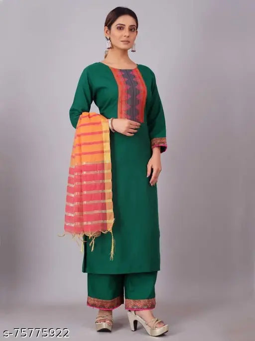 Green pure cotton Kurta and Palazzo set with three-quarter sleeves, solid net floral print, and single pack