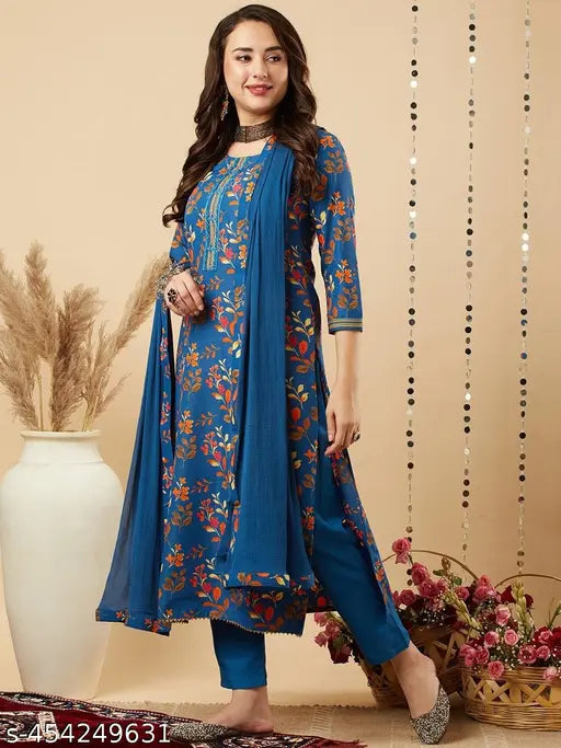 Blue premium floral print dupatta set for women, suitable for every occasion