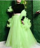 Green velvet and net Lehenga Choli set, featuring a solid-colored choli with a ruffled dupatta, semi-stitched for a custom fit (Lehenga waist size: 44 in, Lehenga length size: 48 in). Pista color