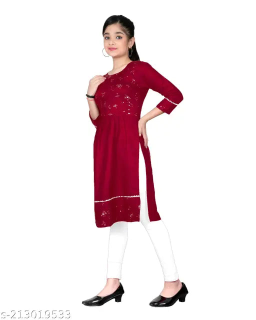 Rayon embroidered straight kurta for girls aged 10-11, embellished net pattern, Indian handcrafted clothing