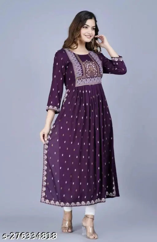 Purple embroidered kameez with long sleeves, flared skirt