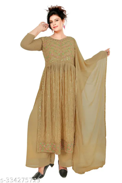 Georgette embroidered kurti set with palazzos and dupatta, three-quarter sleeves, Indian printed design on display