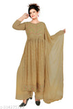 Georgette embroidered kurti set with palazzos and dupatta, three-quarter sleeves, Indian printed design on display