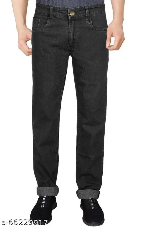 Just black men's straight cotton jeans, solid pattern, stretchable for regular fit, dark grey color, sizes available from 30-48 inches waist