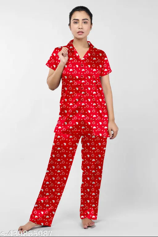 Stylish printed collar satin night suit set of 3, featuring short-sleeved shirts and pyjamas with intricate patterns. Indian craftsmanship showcased in a pack of M, L, XL, and XXL sizes