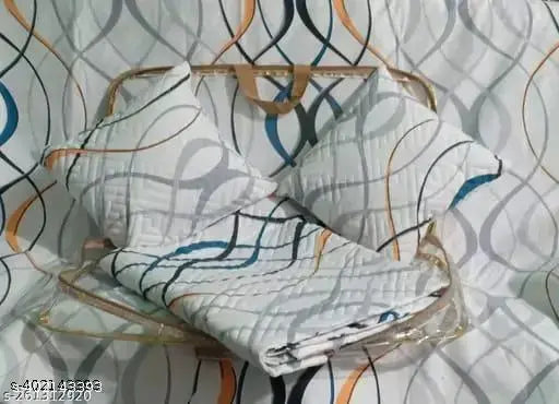 White Glace Cotton NCS-5 5pc Bedding Set (Queen, 90x100 inches), embroidered pillow covers & cushion covers, abstract pattern for summer decor