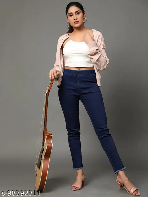 Denim skinny fit stretchable medium waist royal blue jeggings for women on model, solid style