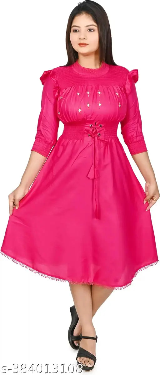 Pink cotton blend three-quarter sleeve frock kurtis for girls and ladies, solid style from Beautiful Frocks, India" (124 characters)