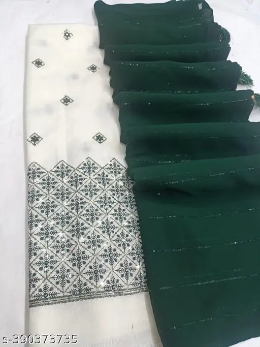 Green sari with white borders and paisley pattern