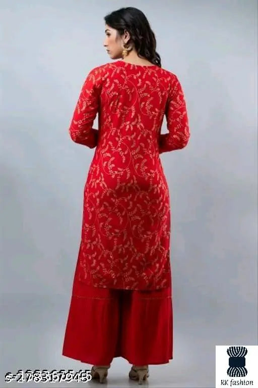 Red rayon kameez with gharara lehenga, embellished neckline