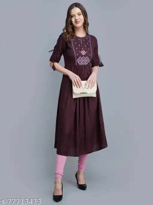 Rayon embroidered anarkali kurta with three-quarter sleeves, XL for bust size 42in and length 47in, women's partywear fashion from India