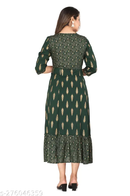 Rayon embroidered Indian long kurti, Manbhar Fashion A-line gown with three-quarter sleeves